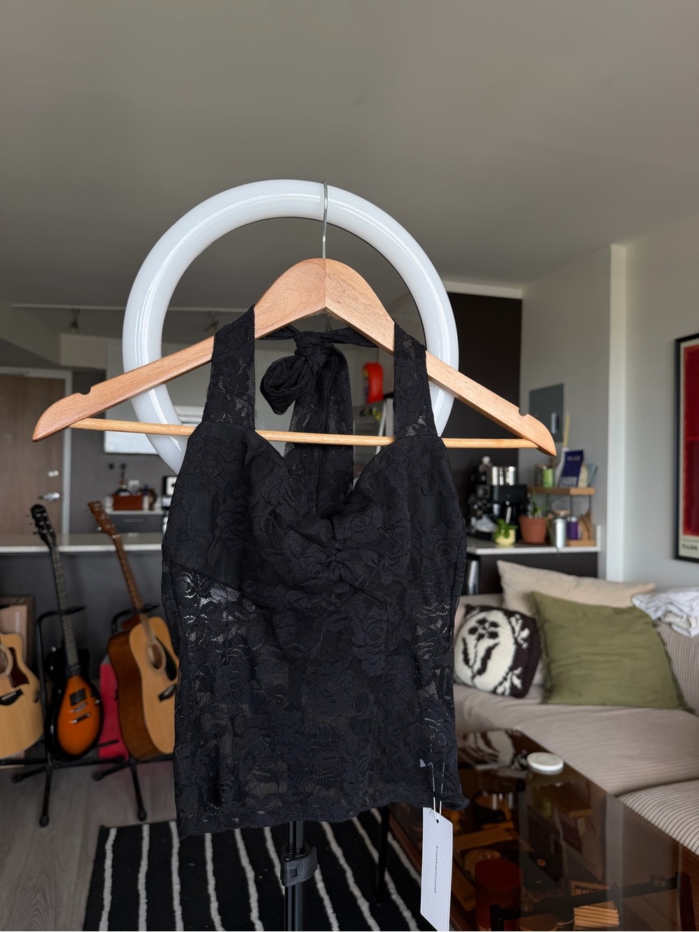 ReoRia Black Lace Halter Crop Camisole